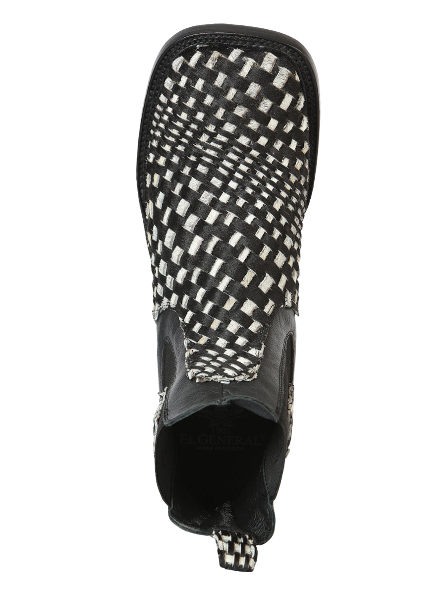 El General Men’s Rodeo Ankle Boots Woven Hair-On Leather - Black/White 45175