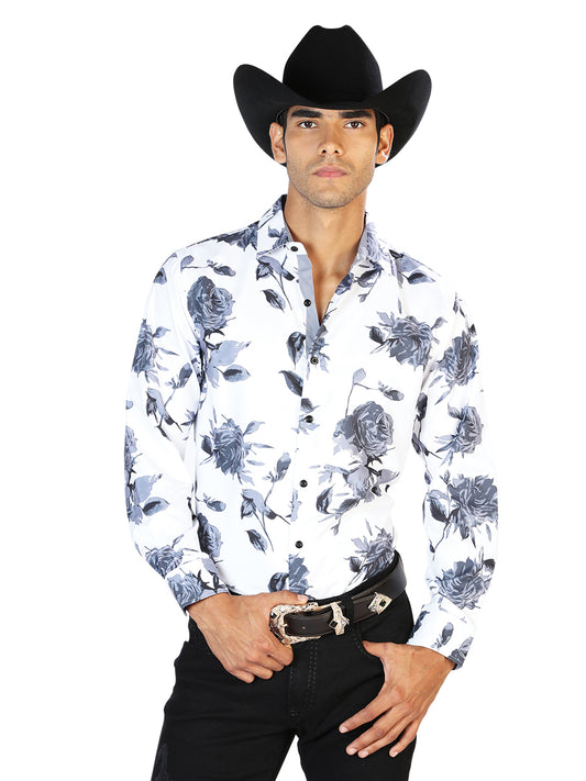 White And Gray Rose Print Casual Long Sleeve Shirt 43559