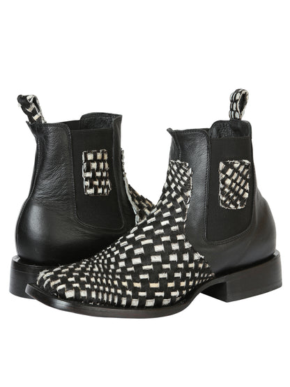 El General Men’s Rodeo Ankle Boots  Woven Hair-On Leather - Black/White 45175