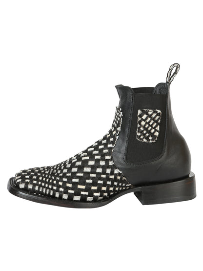 El General Men’s Rodeo Ankle Boots  Woven Hair-On Leather - Black/White 45175