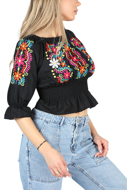 Artisanal Embroidered Blouse 100% Cotton Black 604051